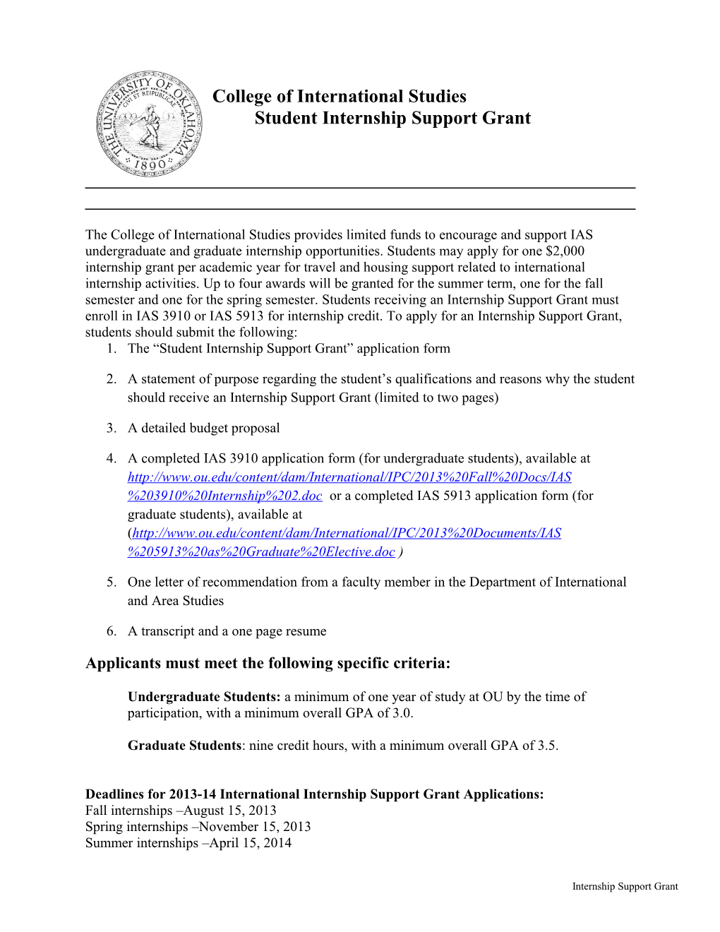 Student Internship Support Grant