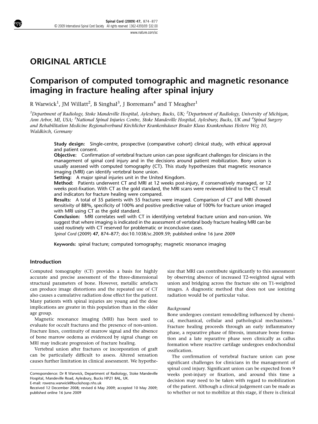 Comparison of Computed Tomographic and Magnetic Resonance Imaging in Fracture Healing After Spinal Injury