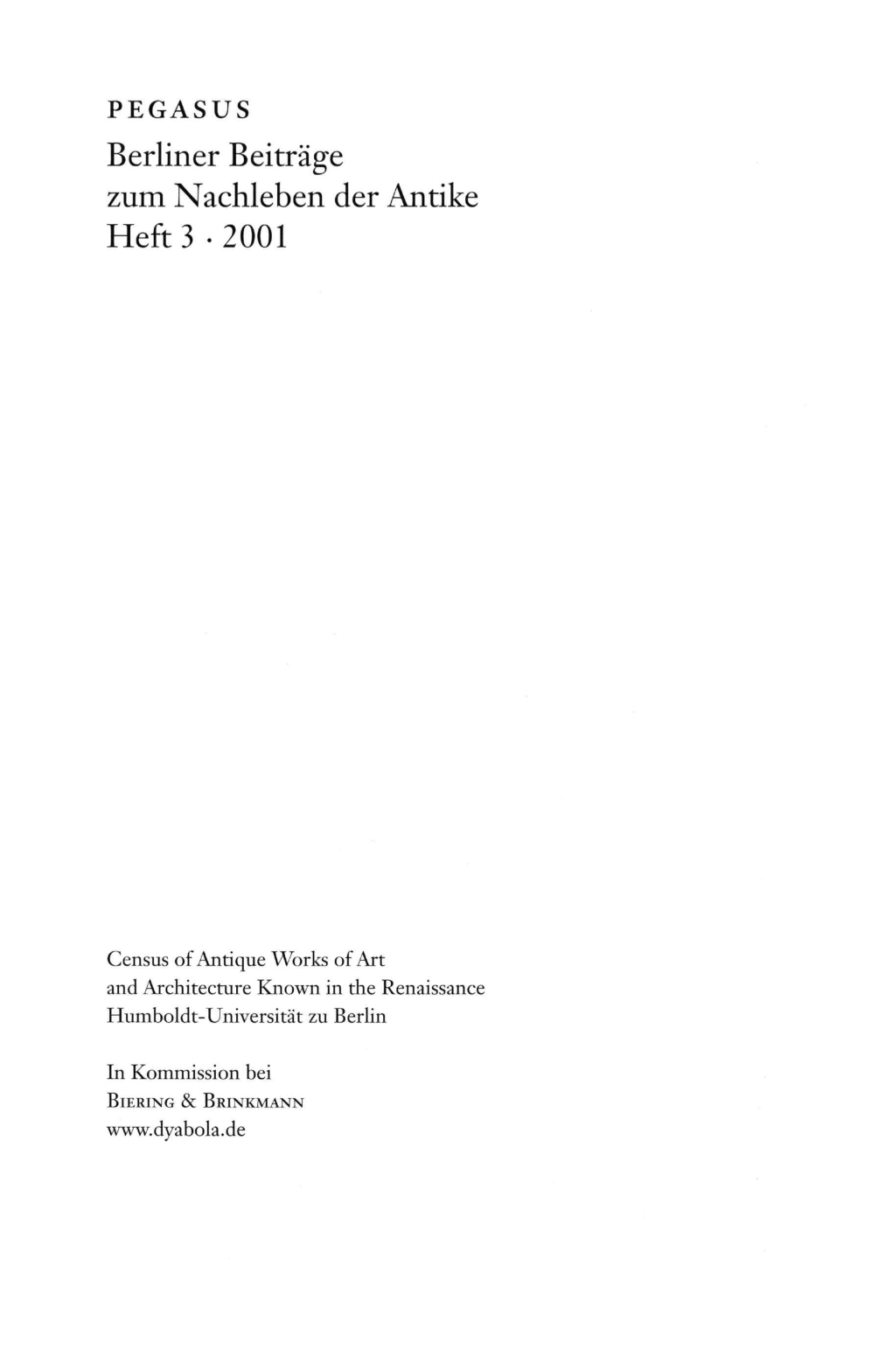 Berliner Beiträge Zum Nachleben Der Antike Heft 3 -2001