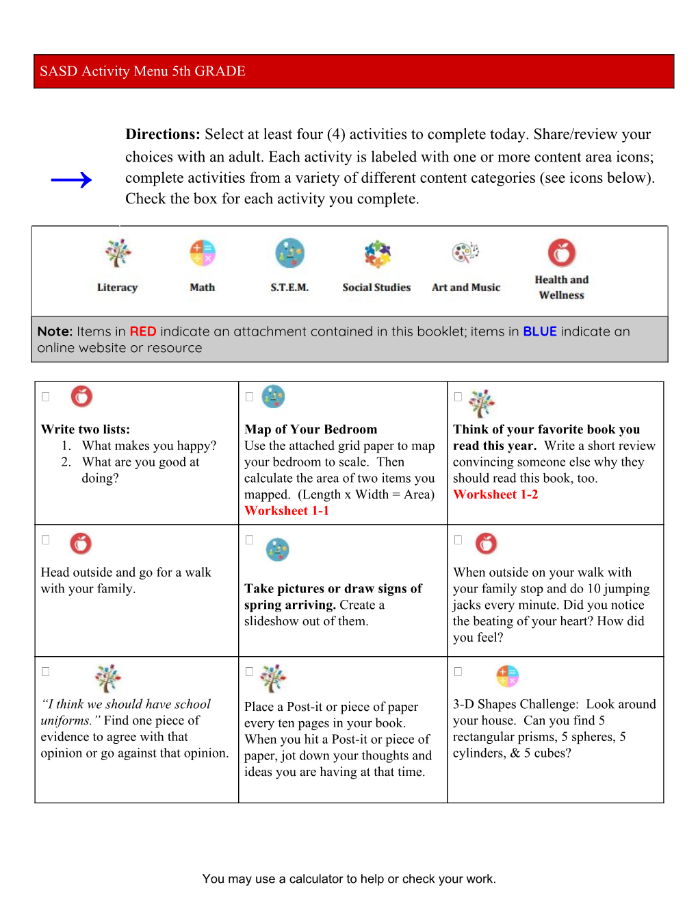 Directions:​Select at Least Four (4) Activities to Complete Today. Share