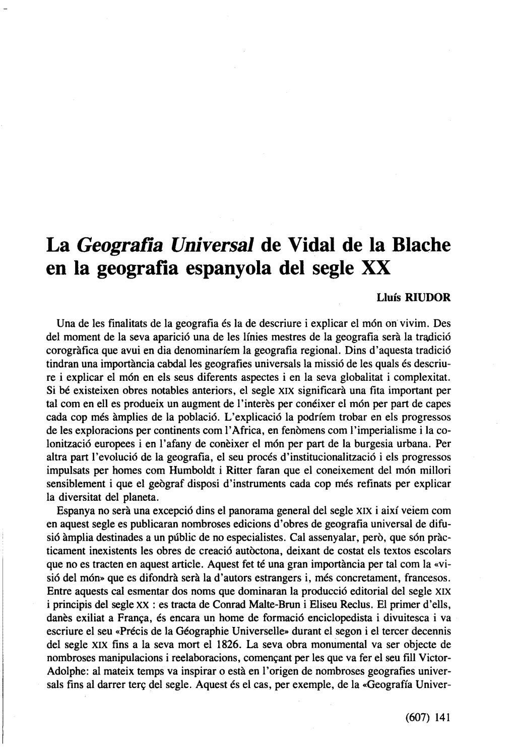 La Geograña Universal De Vidal De La Blache En La Geografia Espanyola Del Segle XX