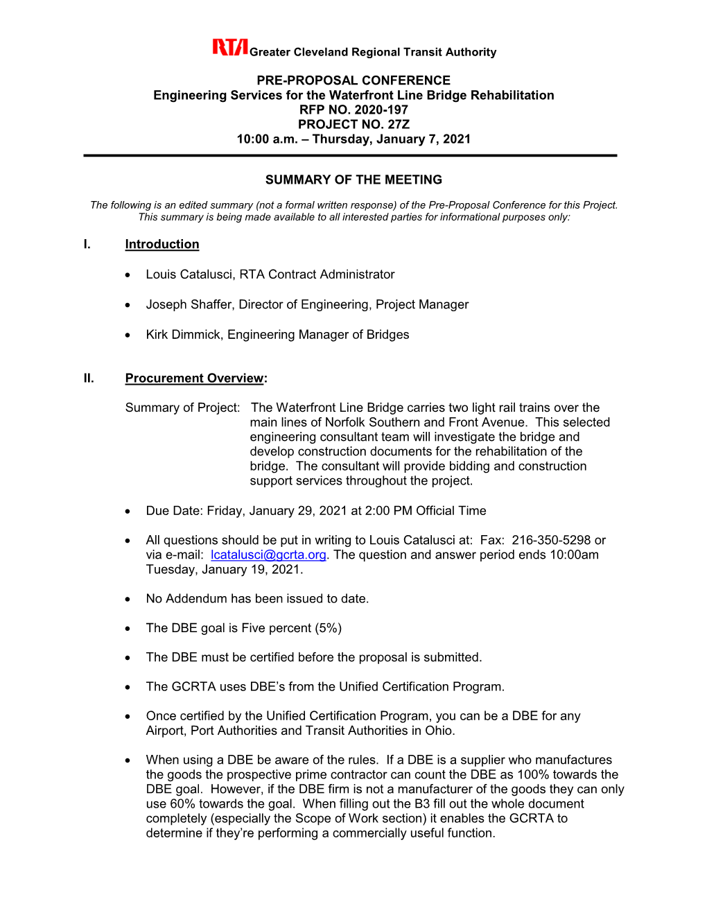 PRE-PROPOSAL CONFERENCE Engineering Services for the Waterfront Line Bridge Rehabilitation RFP NO