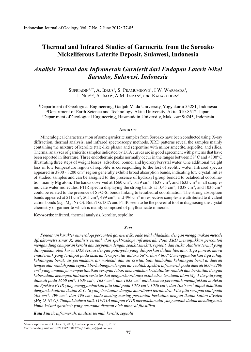 Thermal and Infrared Studies of Garnierite from the Soroako Nickeliferous Laterite Deposit, Sulawesi, Indonesia