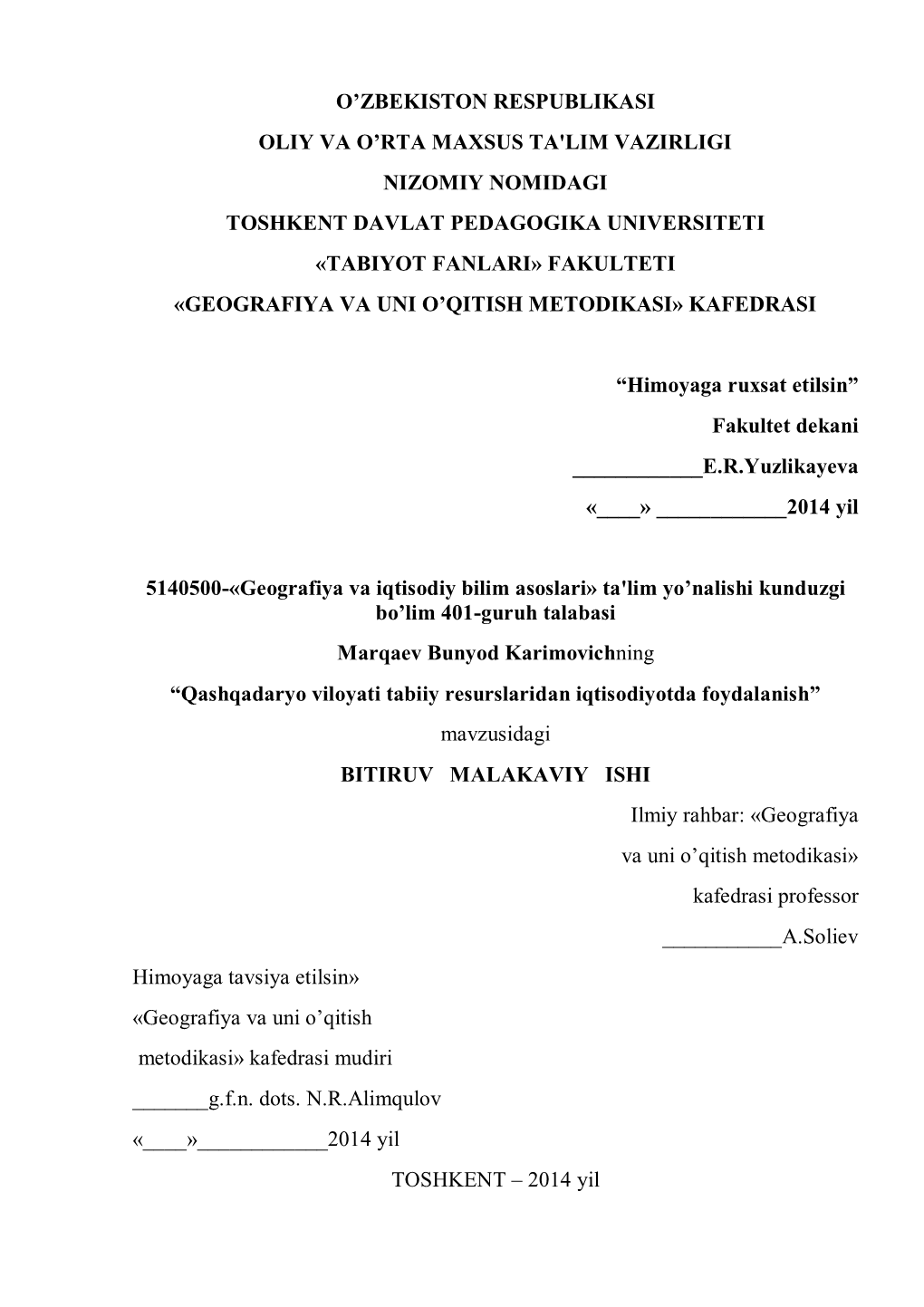 O'zbеkiston Rеspublikasi Oliy Va O'rta Maxsus Ta'lim Vazirligi Nizomiy Nomidagi Toshkеnt Davlat Pеdagogika Univеrsitе