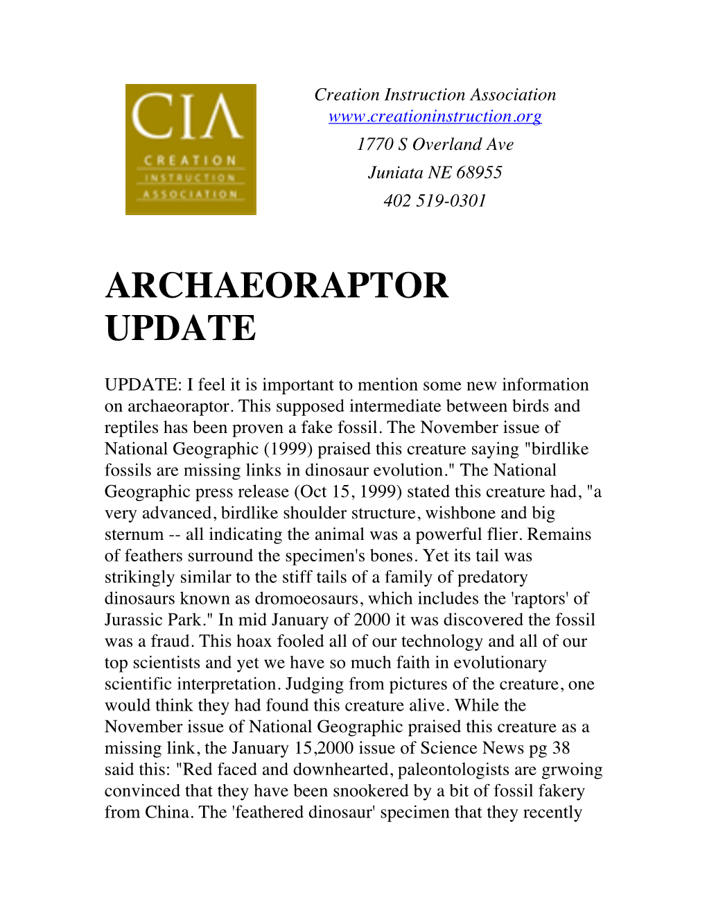 Archaeoraptor Update