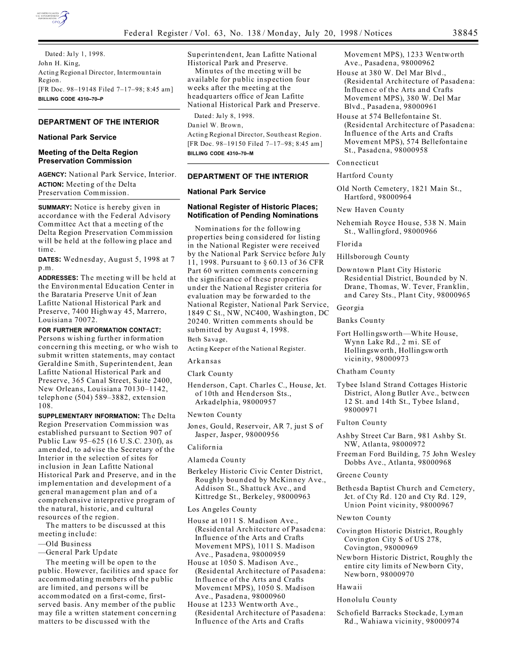 Federal Register/Vol. 63, No. 138/Monday, July 20, 1998/Notices