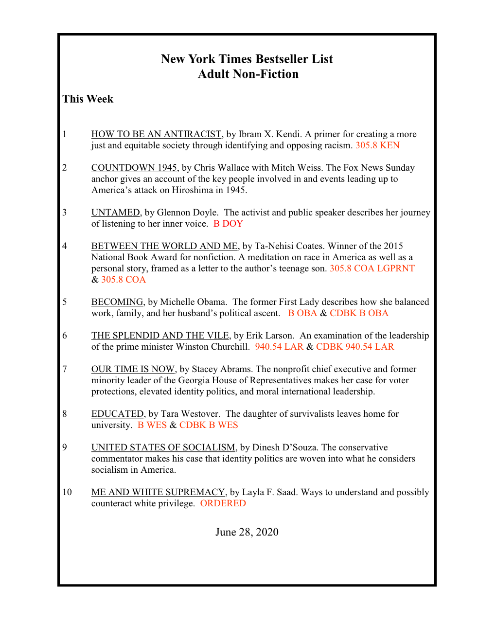 New York Times Bestseller List Adult Non-Fiction