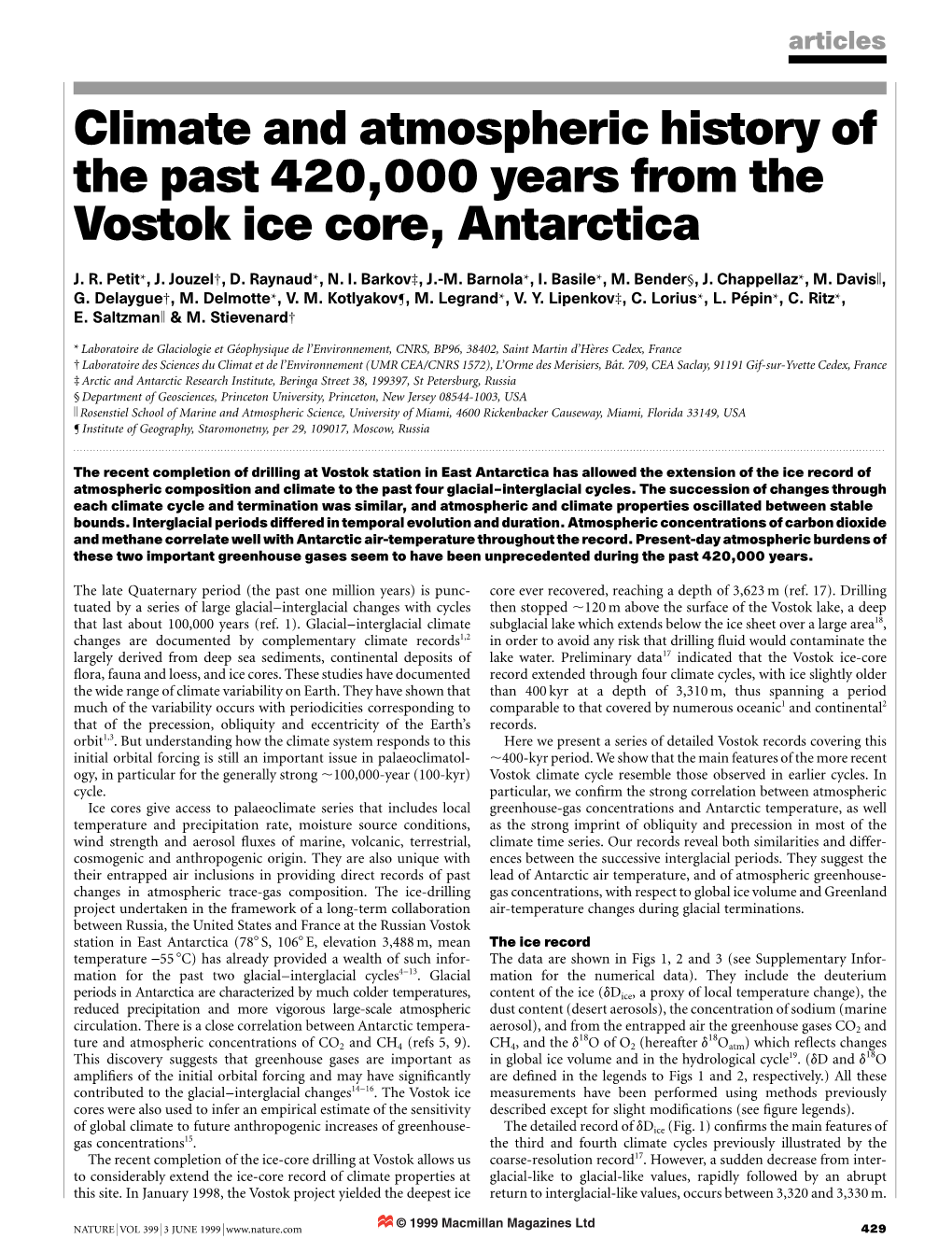 Climate and Atmospheric History of the Past 420,000 Years from the Vostok Ice Core, Antarctica