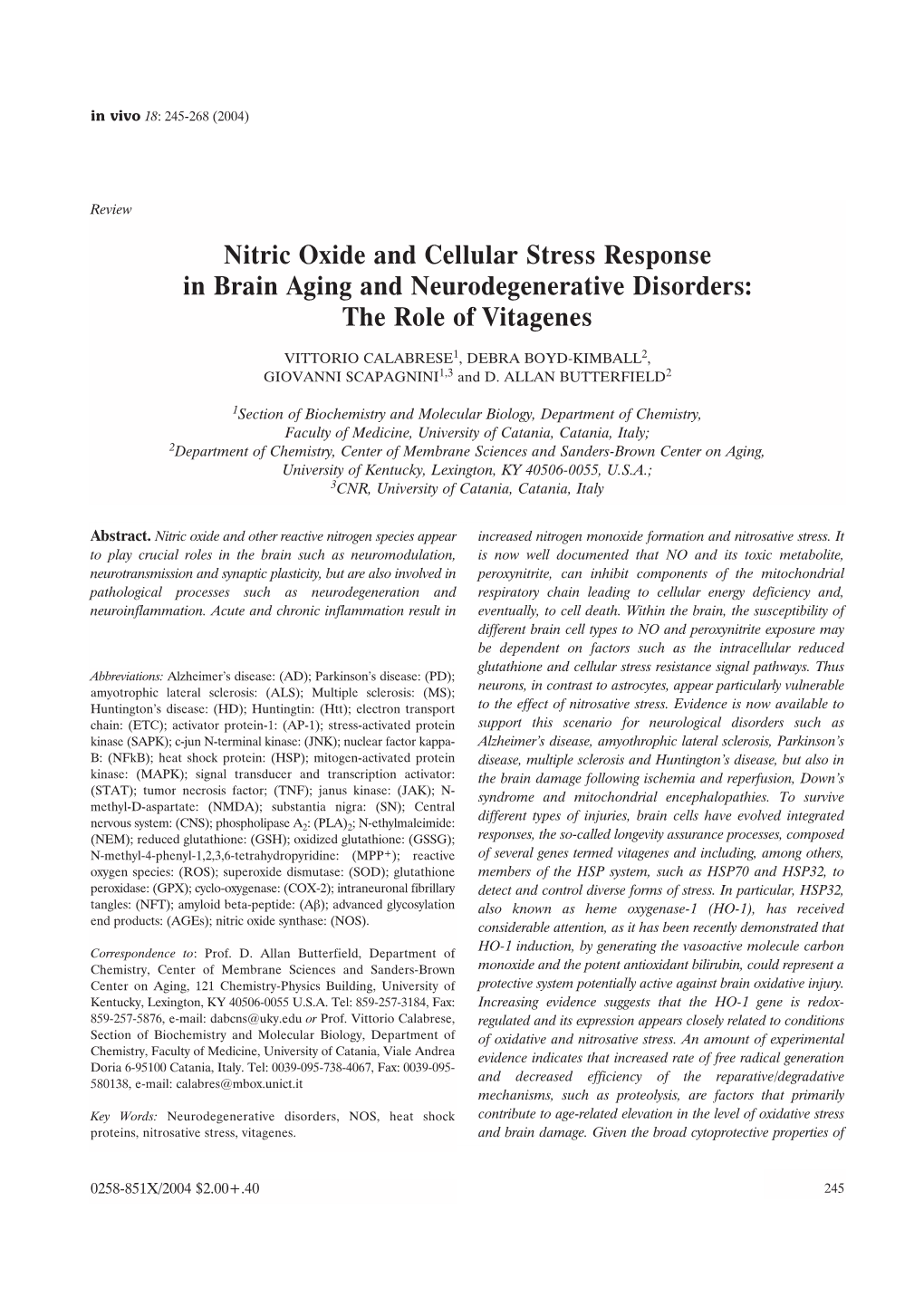 Nitric Oxide and Cellular Stress Response in Brain Aging and Neurodegenerative Disorders: the Role of Vitagenes