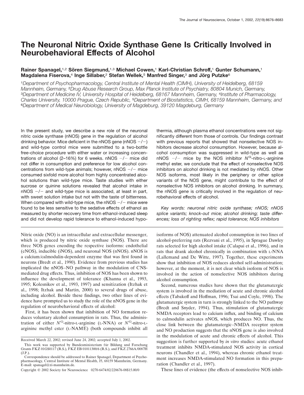 The Neuronal Nitric Oxide Synthase Gene Is Critically Involved in Neurobehavioral Effects of Alcohol