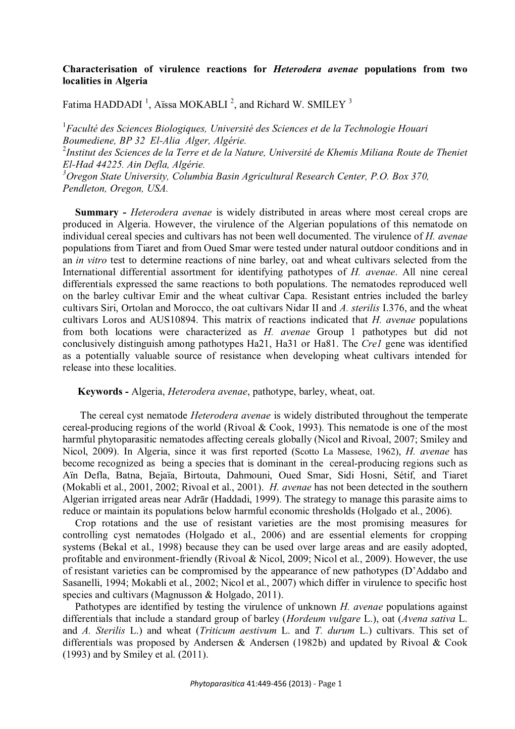 Characterization of Virulence Reactions for Heterodera Avenae Populations