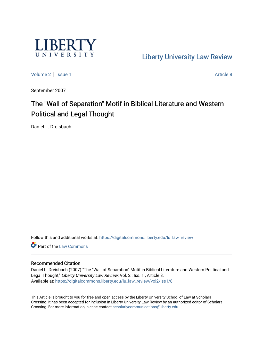 "Wall of Separation" Motif in Biblical Literature and Western Political and Legal Thought