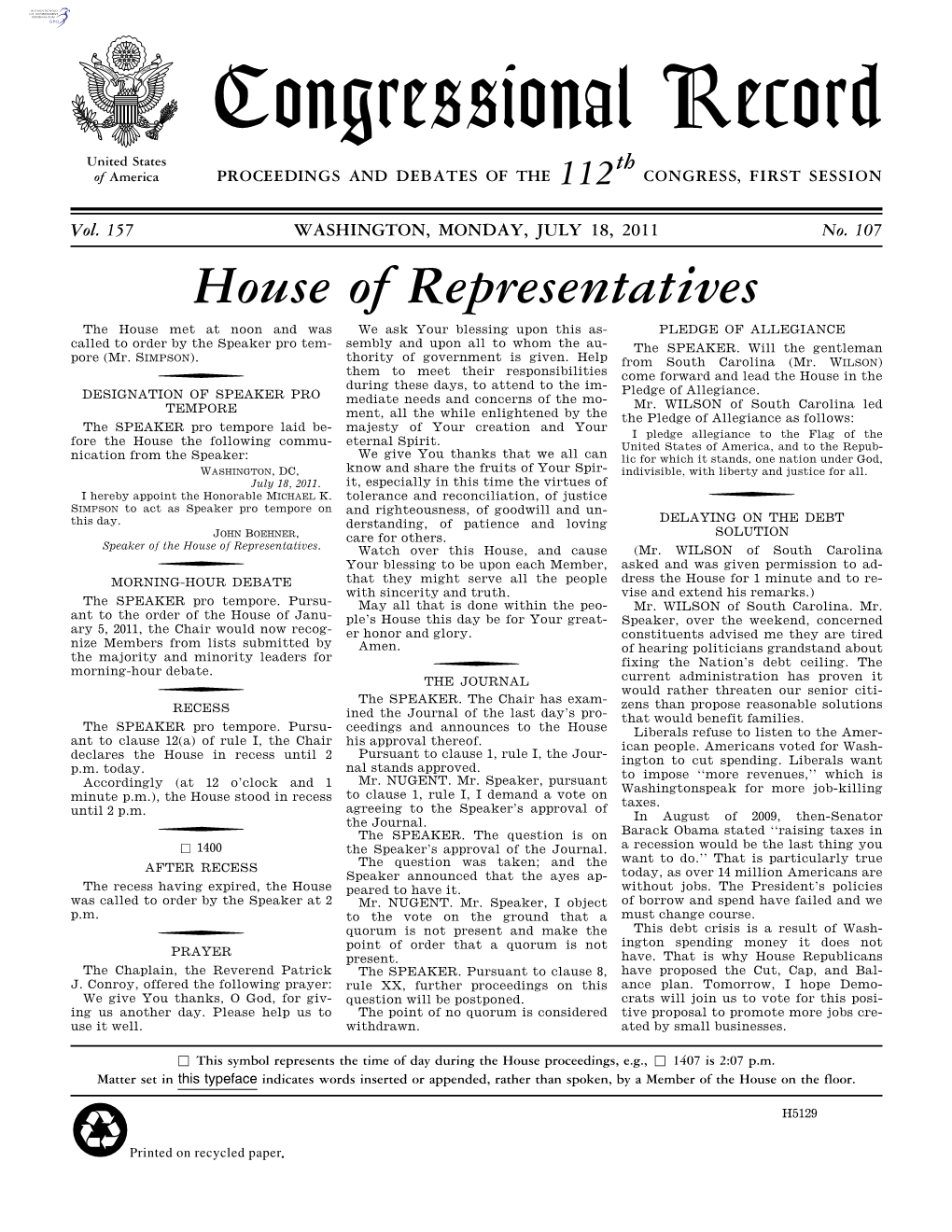 Congressional Record United States Th of America PROCEEDINGS and DEBATES of the 112 CONGRESS, FIRST SESSION