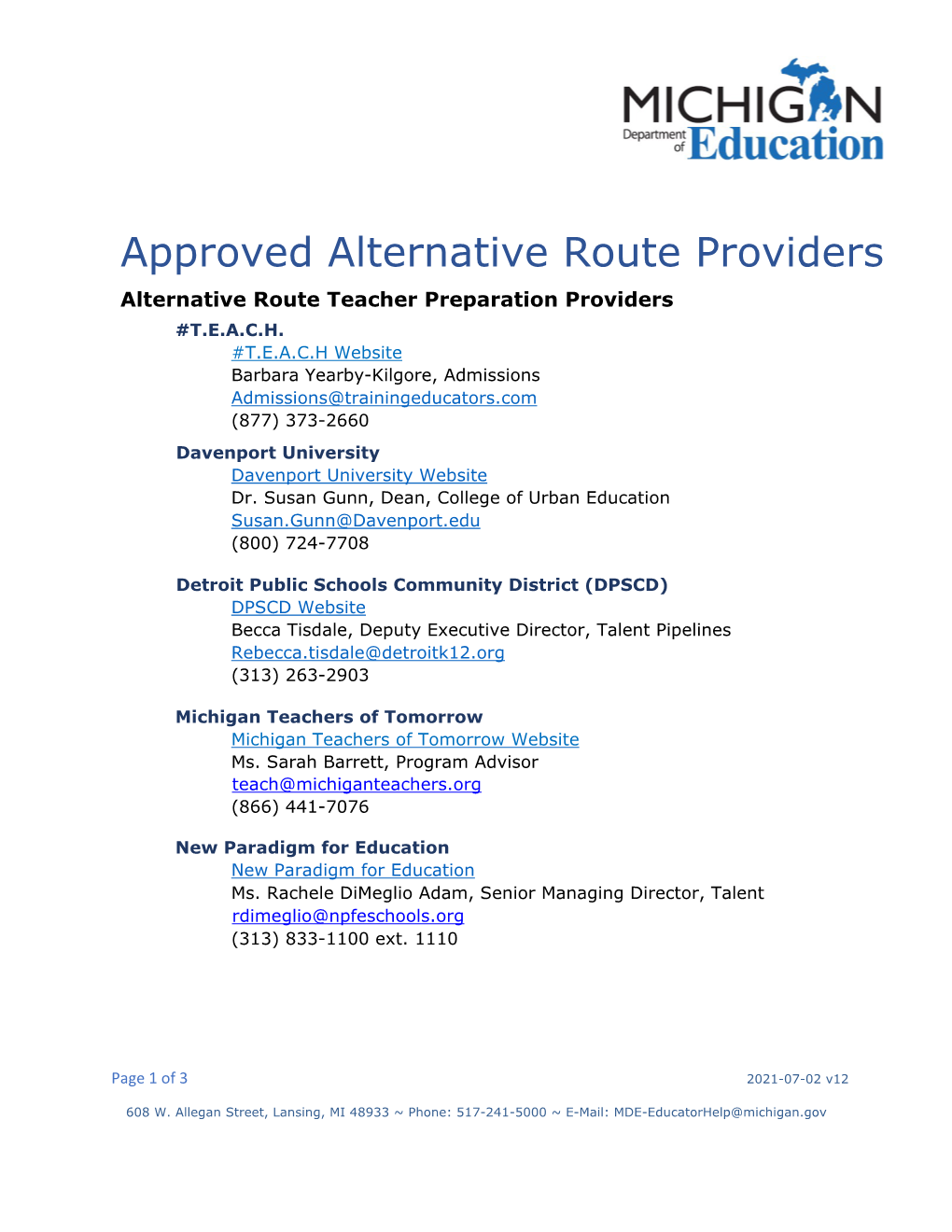 Approved Alternative Route Providers Alternative Route Teacher Preparation Providers #T.E.A.C.H