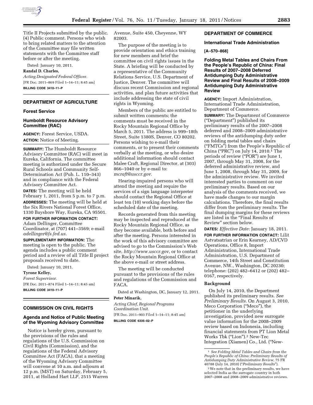 Federal Register/Vol. 76, No. 11/Tuesday, January 18, 2011