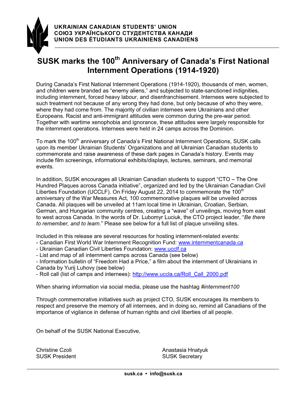 SUSK Marks the 100 Th Anniversary of Canada's First National Internment