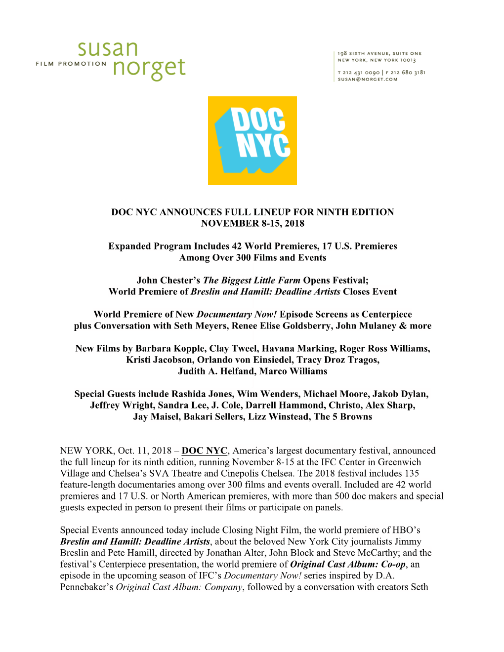 Doc Nyc Announces Full Lineup for Ninth Edition November 8-15, 2018