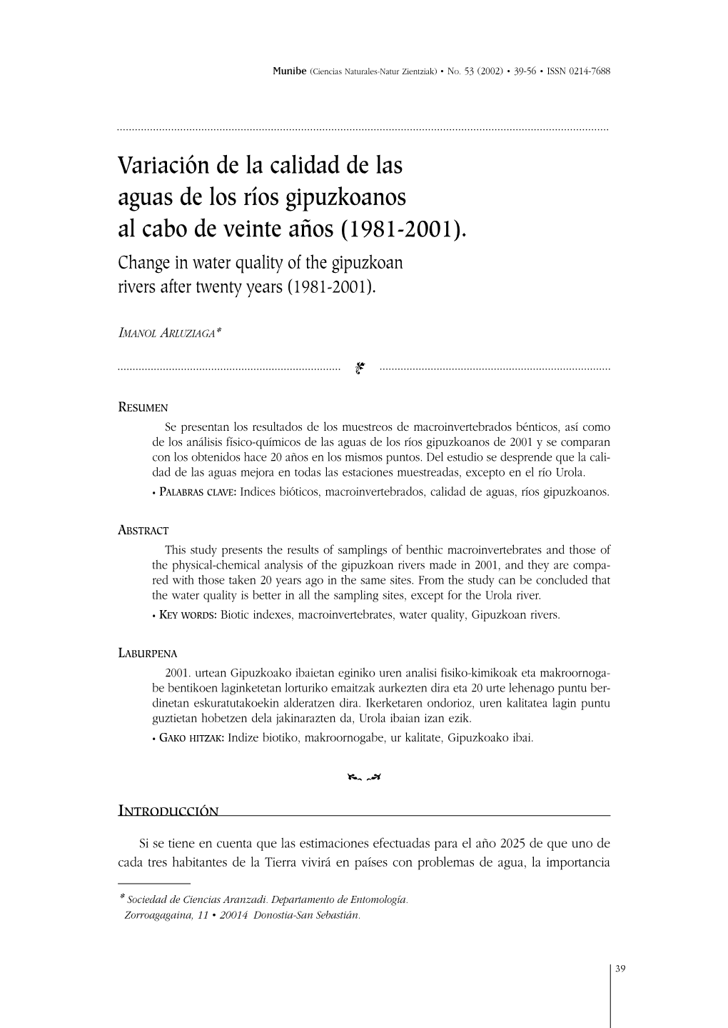 Variación De La Calidad De Las Aguas De Los Ríos Gipuzkoanos Al Cabo De Veinte Años (1981-2001)