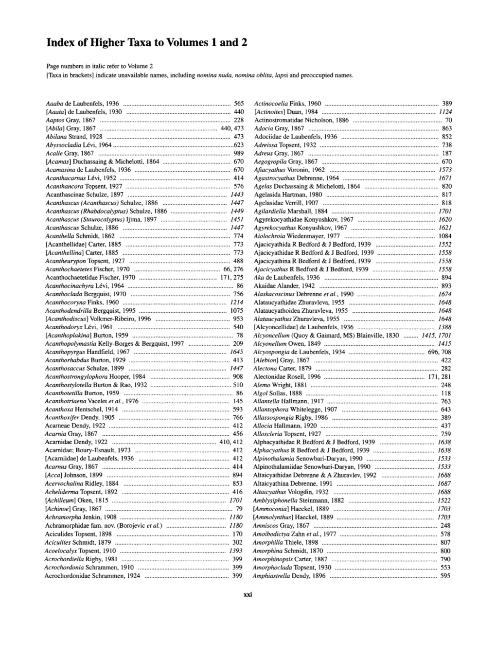 Index of Higher Taxa to Volumes 1 and 2