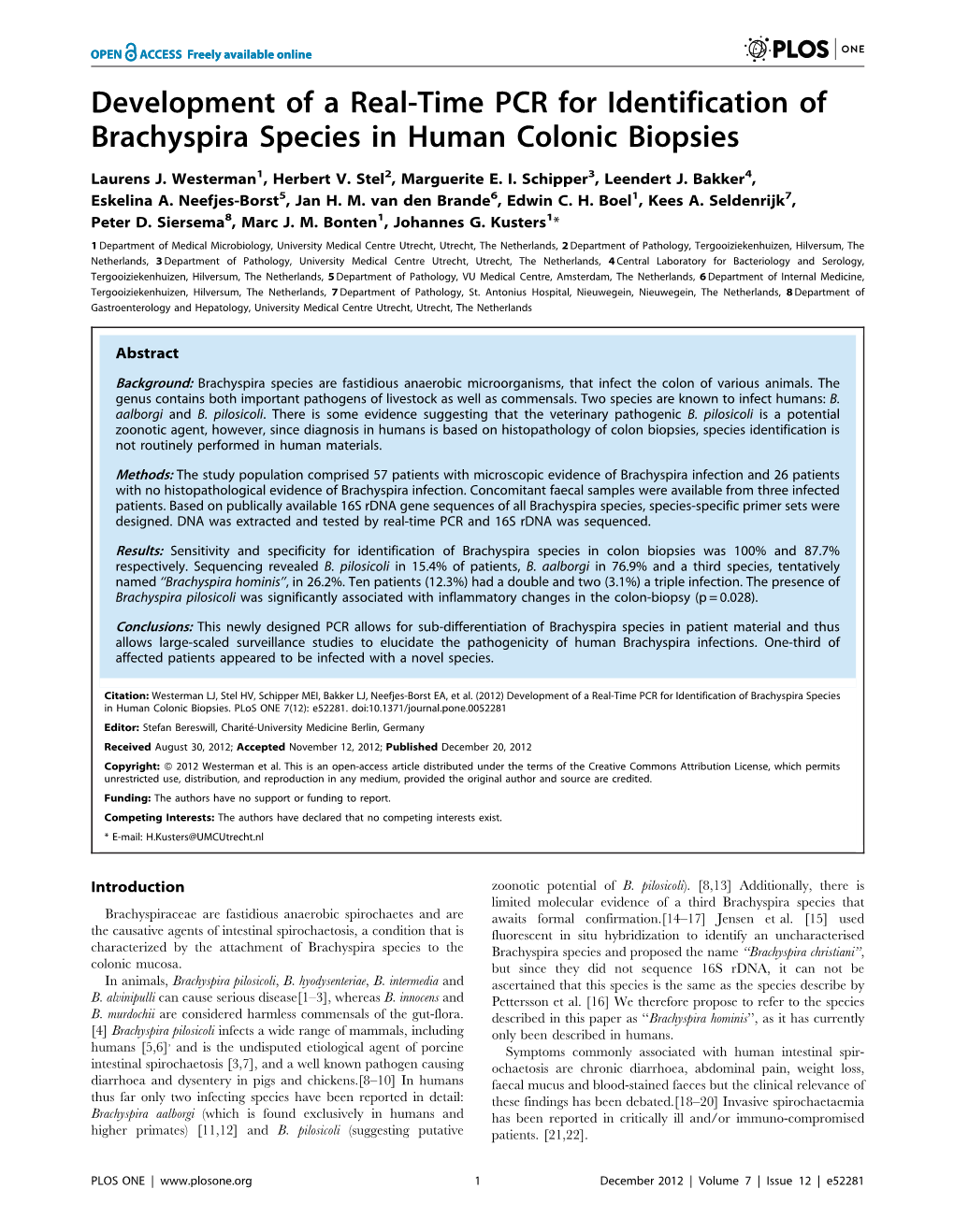 Development of a Real-Time PCR for Identification of Brachyspira Species in Human Colonic Biopsies