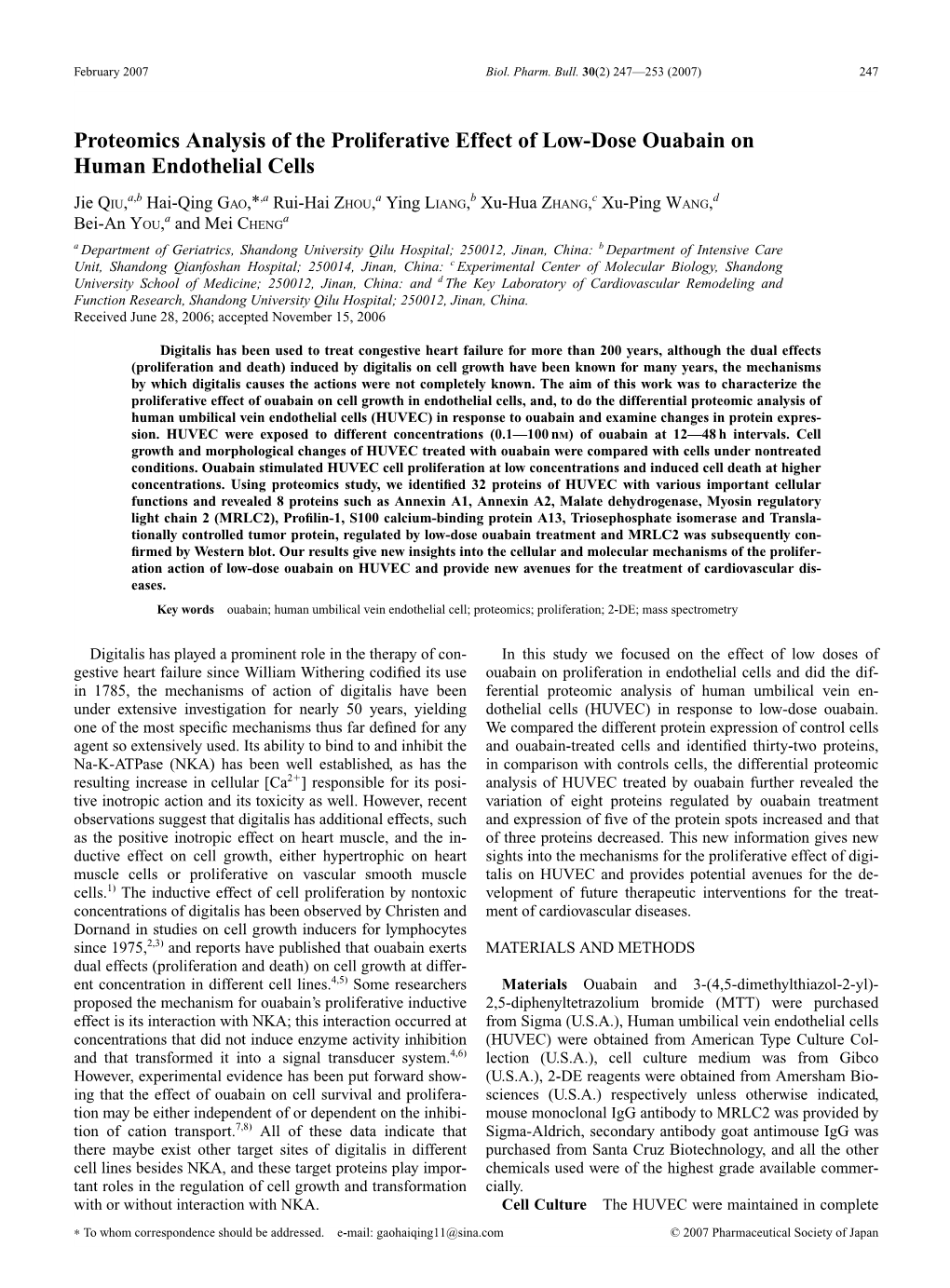 Proteomics Analysis of the Proliferative Effect of Low-Dose Ouabain on Human Endothelial Cells