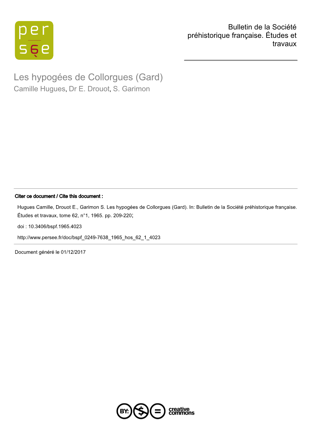 Les Hypogées De Collorgues (Gard) Camille Hugues, Dr E