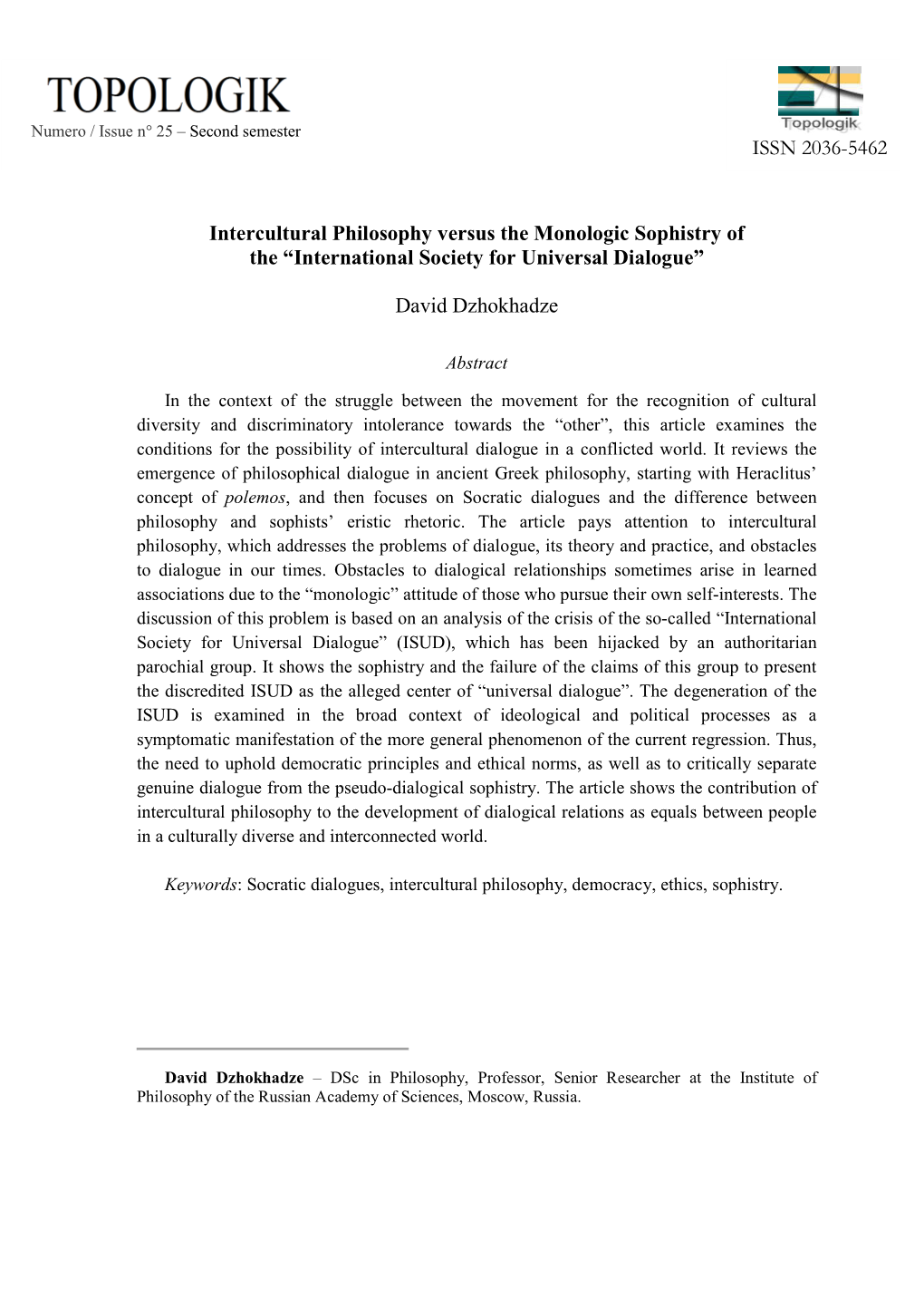 ISSN 2036-5462 Intercultural Philosophy Versus The