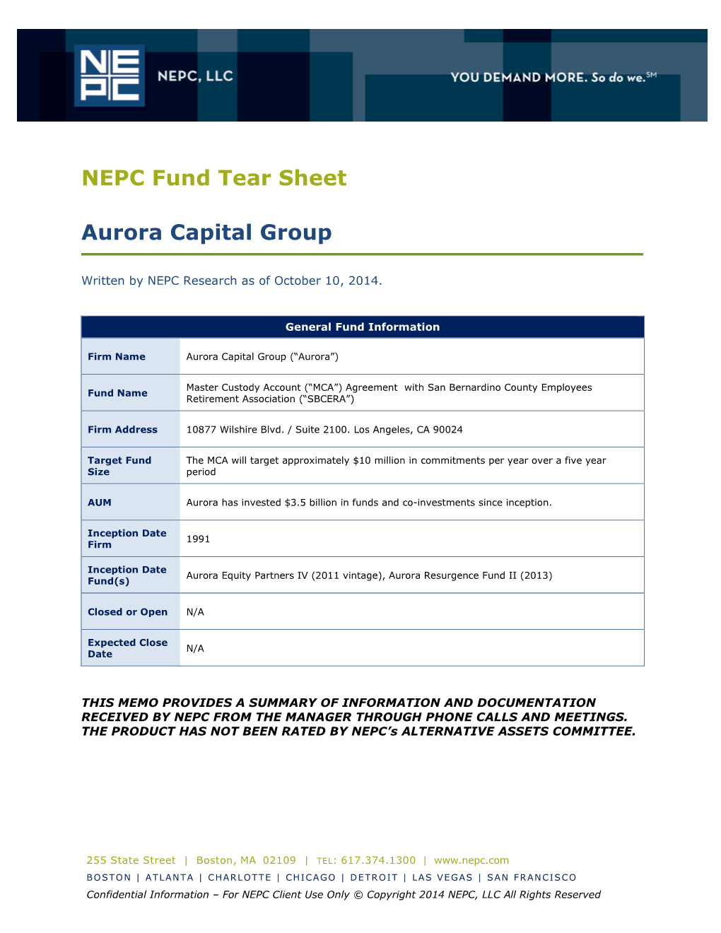 NEPC Fund Tear Sheet Aurora Capital Group MCA