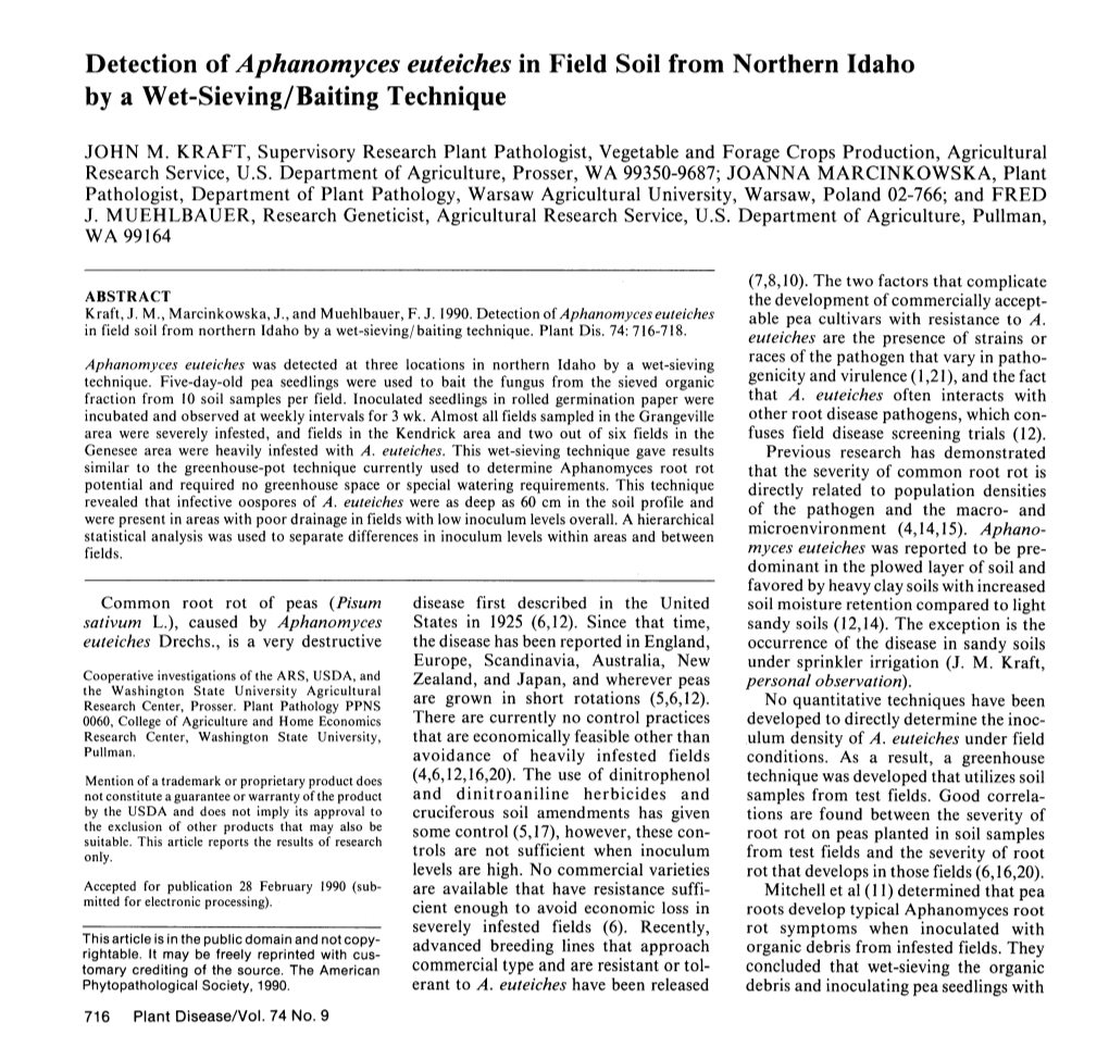 Detection of Aphanomyces Euteiches in Field Soil from Northern Idaho by a Wet-Sieving/Baiting Technique