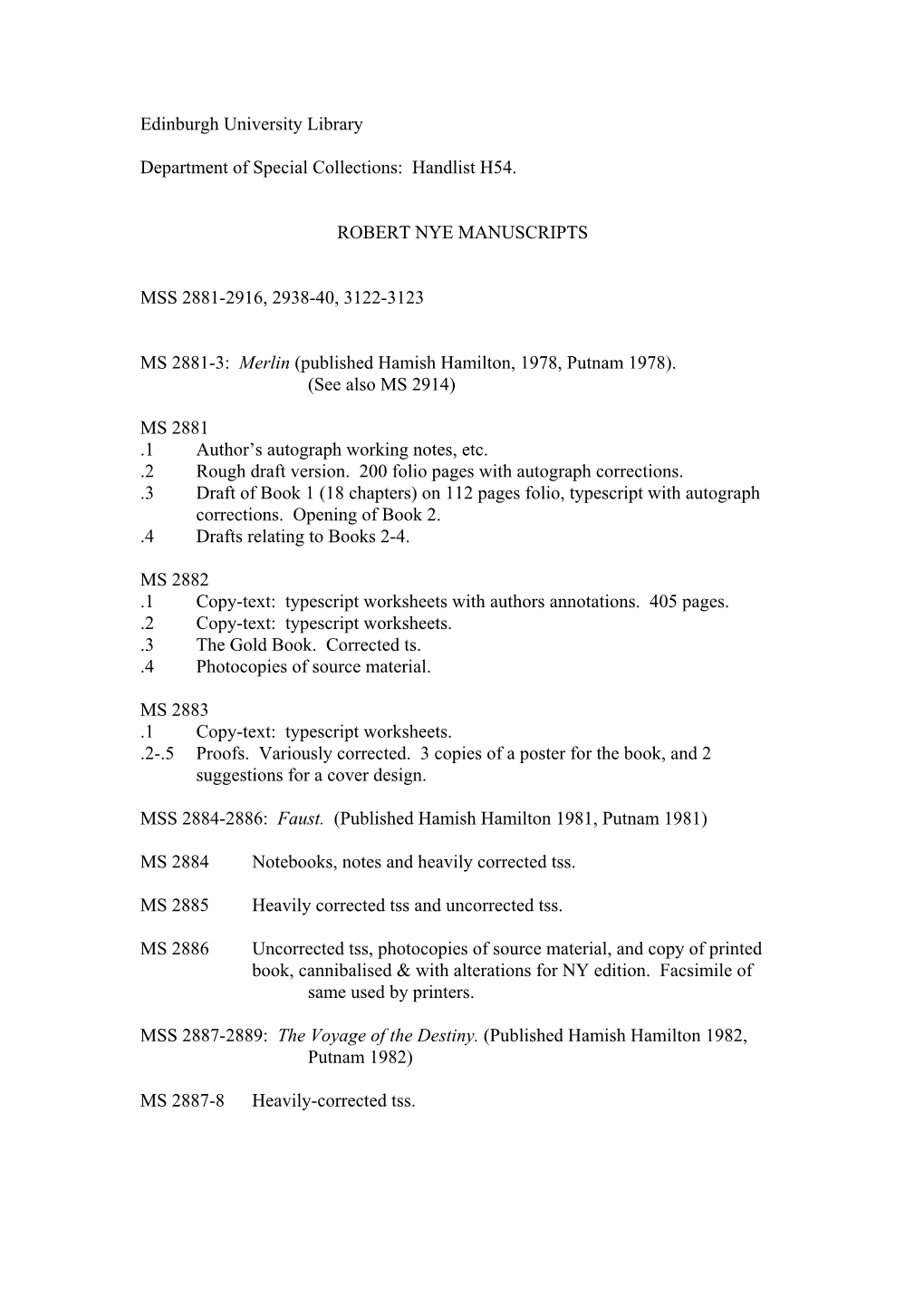 Robert Nye Manuscripts