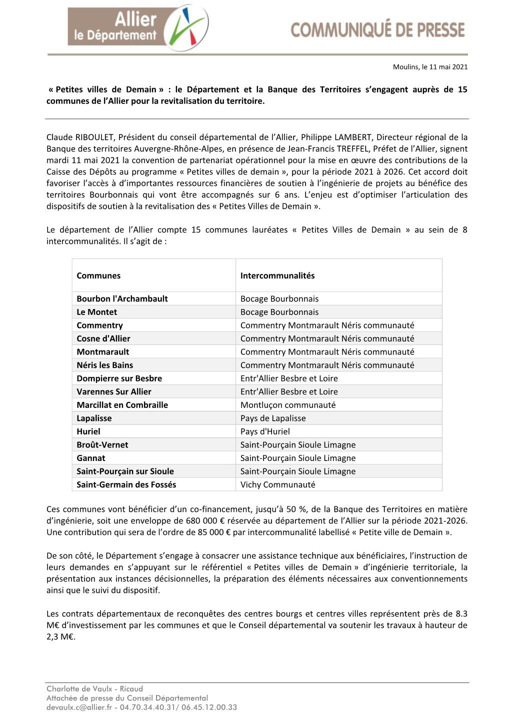 « Petites Villes De Demain » : Le Département Et La Banque Des Territoires S’Engagent Auprès De 15 Communes De L’Allier Pour La Revitalisation Du Territoire