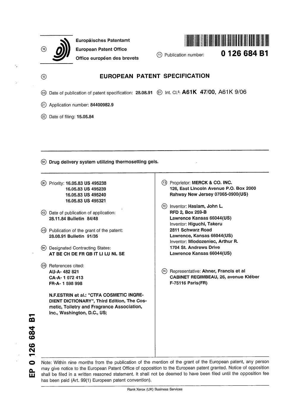 Drug Delivery System Utilizing Thermosetting Gels