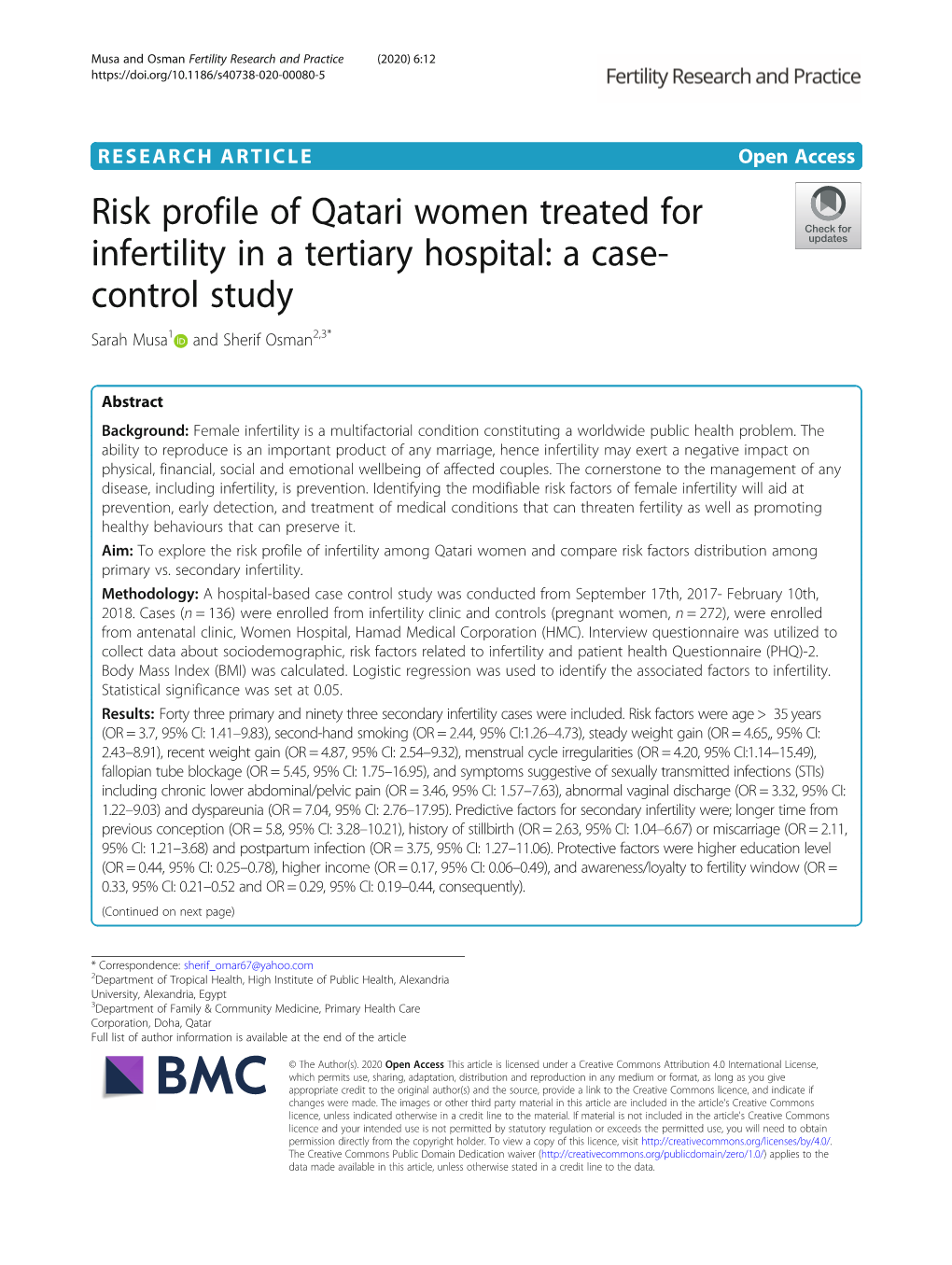 Risk Profile of Qatari Women Treated for Infertility in a Tertiary Hospital: a Case- Control Study Sarah Musa1 and Sherif Osman2,3*