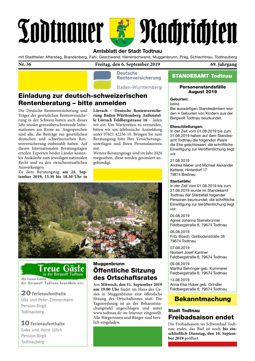 Ausgabe Todtnauer Nachrichten Vom 06.09.2019 Nr. 36