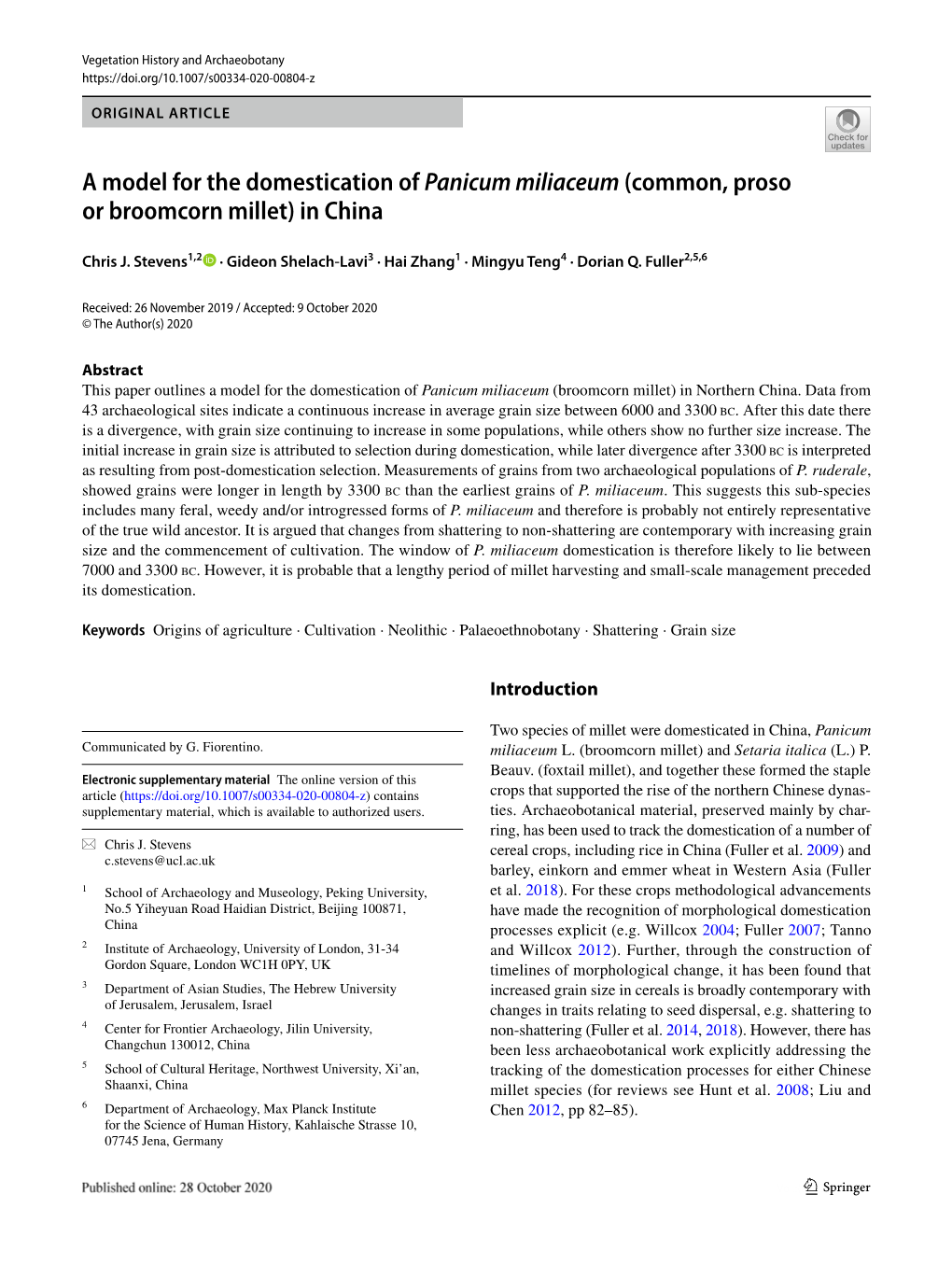 A Model for the Domestication of Panicum Miliaceum (Common, Proso Or Broomcorn Millet) in China