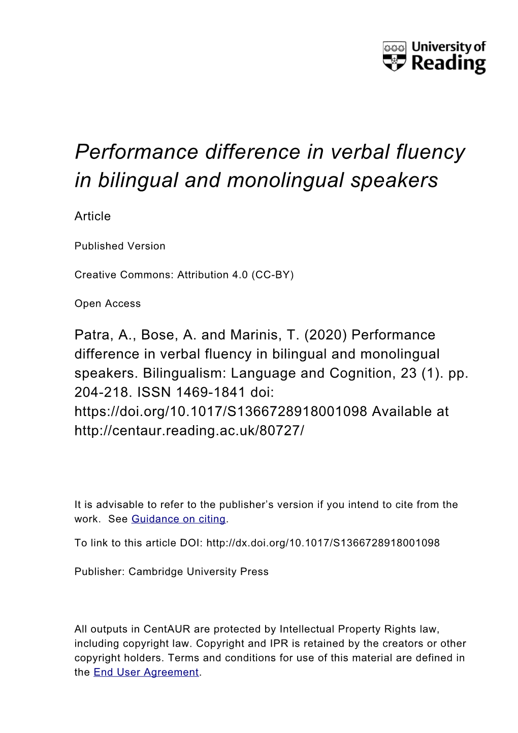 Performance Difference in Verbal Fluency in Bilingual and Monolingual Speakers