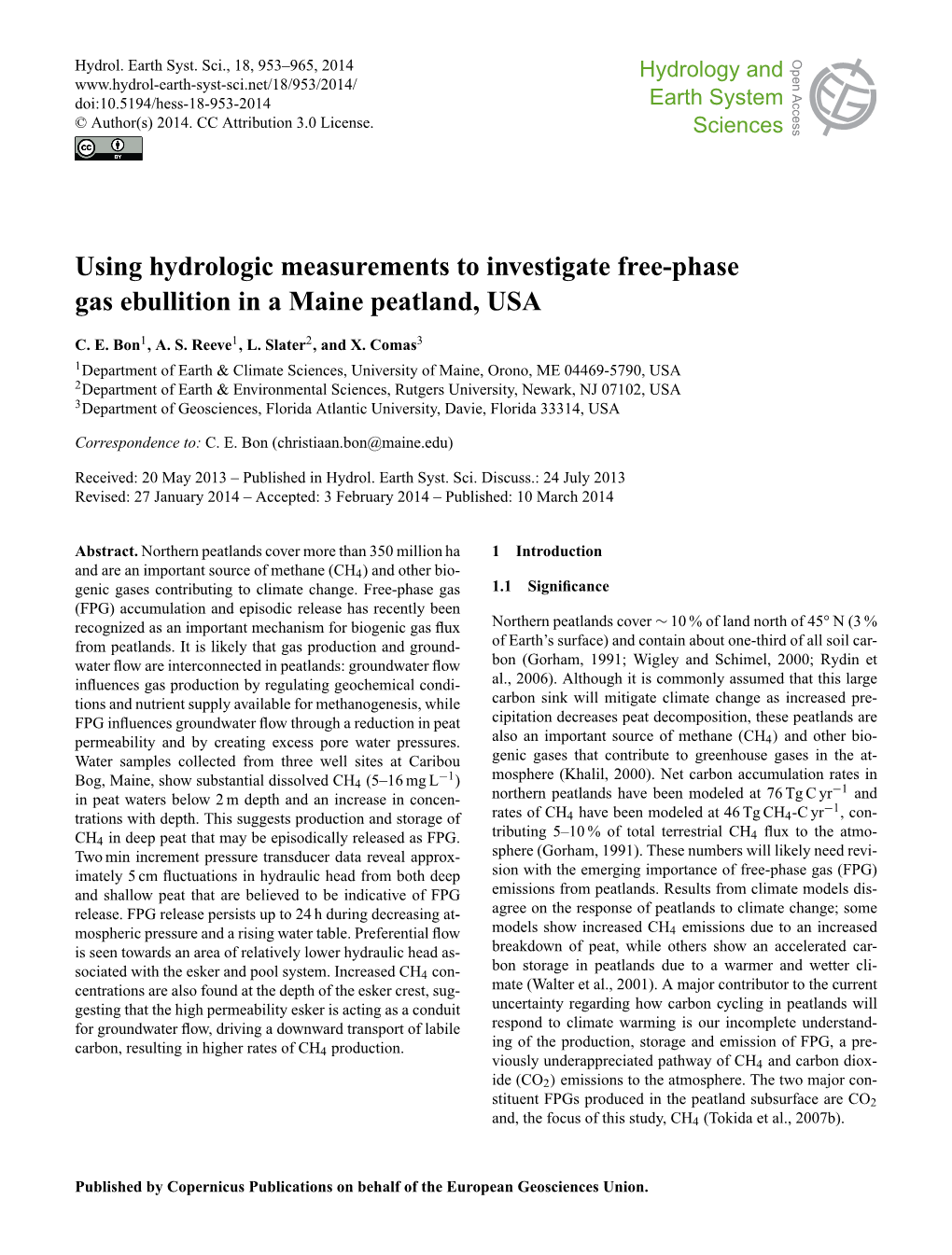 Using Hydrologic Measurements to Investigate Free-Phase Gas Ebullition in a Maine Peatland, USA