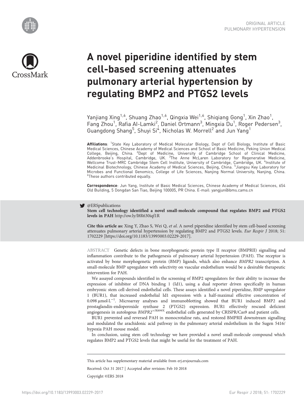 A Novel Piperidine Identified by Stem Cell-Based Screening Attenuates Pulmonary Arterial Hypertension by Regulating BMP2 and PTGS2 Levels