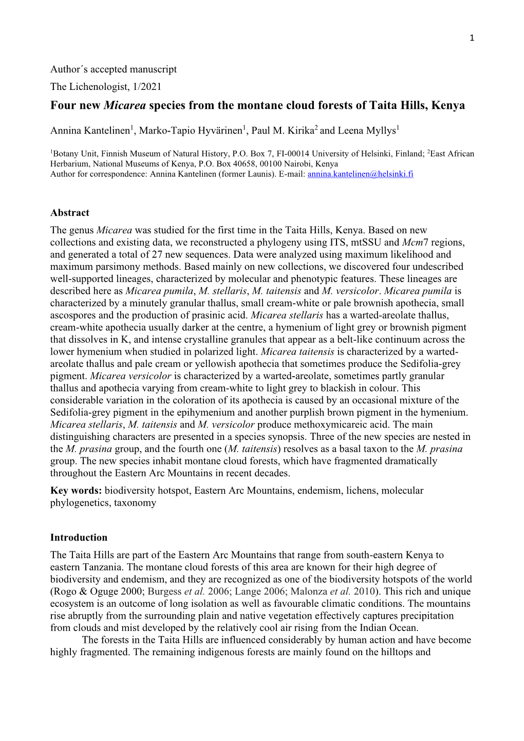 Four New Micarea Species from the Montane Cloud Forests of Taita Hills, Kenya