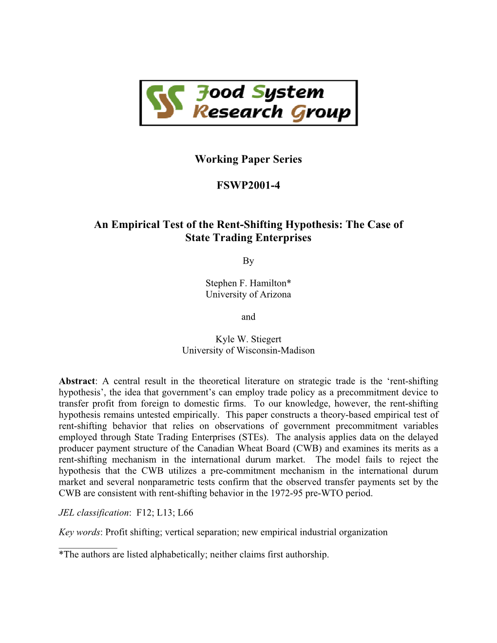 An Empirical Test of the Rent-Shifting Hypothesis: the Case of State Trading Enterprises