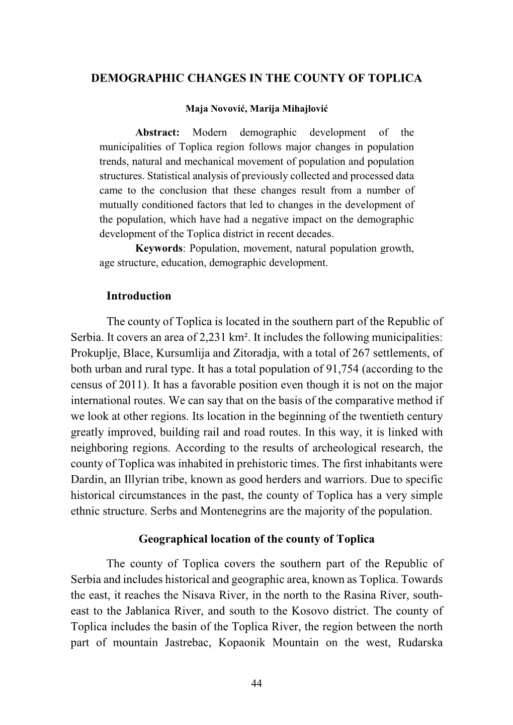 Changes in the Age Structure at the Minicipalities of Toplica Region