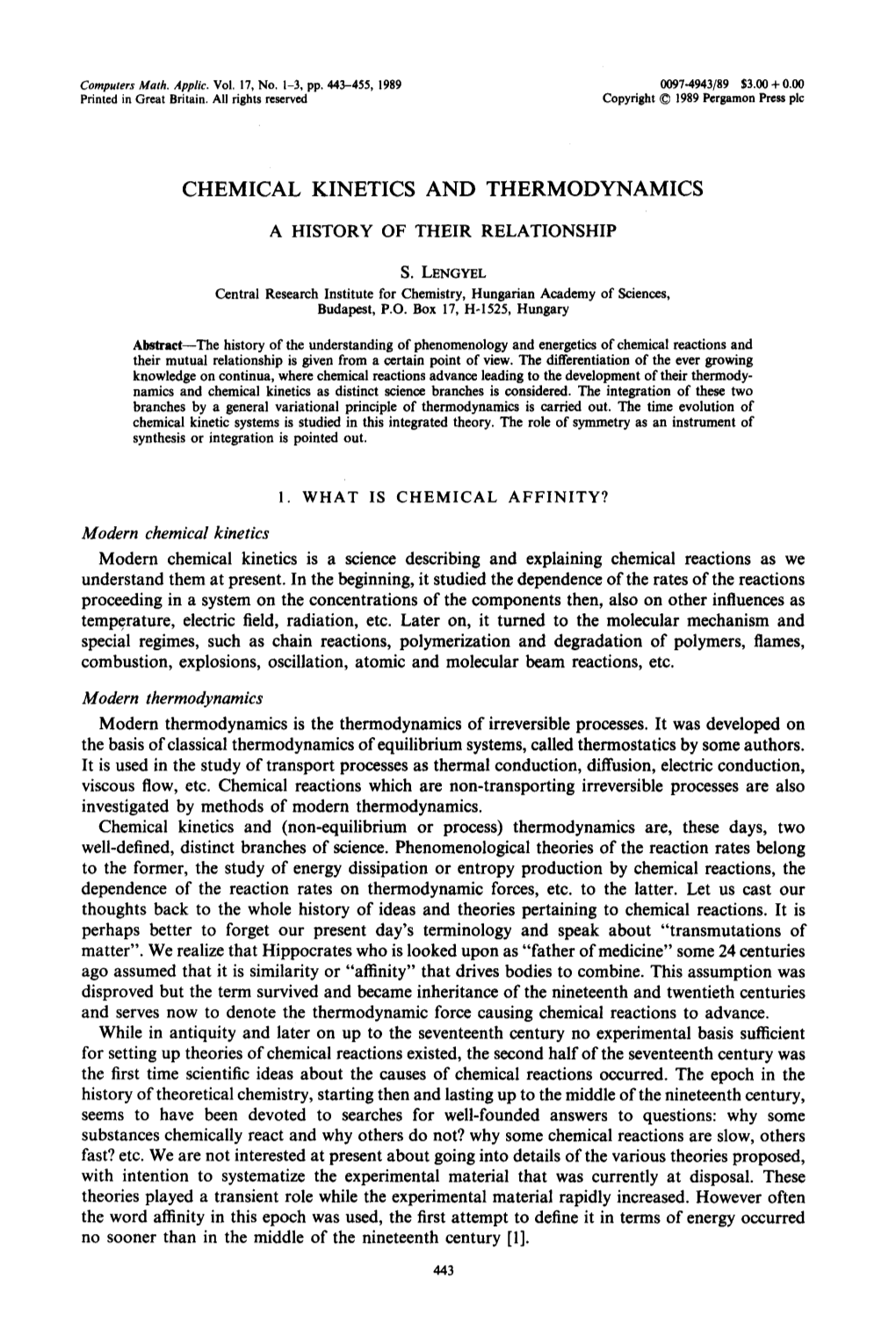 Modern Chemical Kinetics Modern Thermodynamics