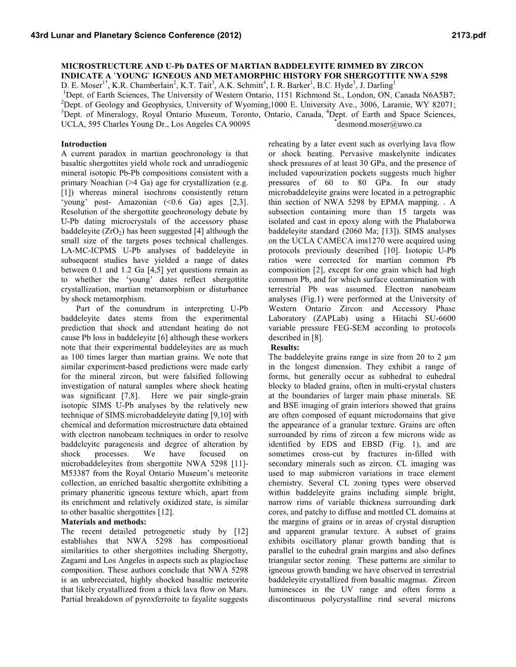 Zircon Indicate a `Young` Igneous and Metamorphic History for Shergottite Nwa 5298 D