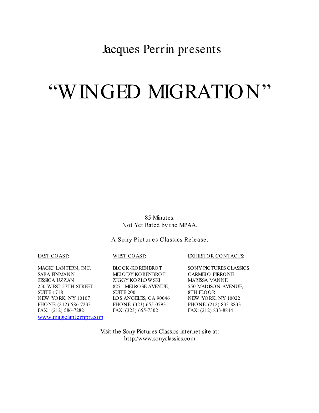 Winged Migration Pressbook