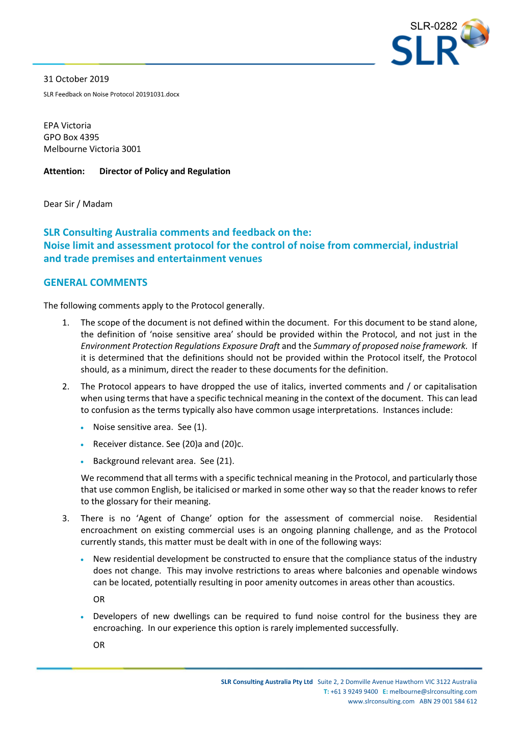 SLR Consulting Australia Comments and Feedback on The: Noise Limit