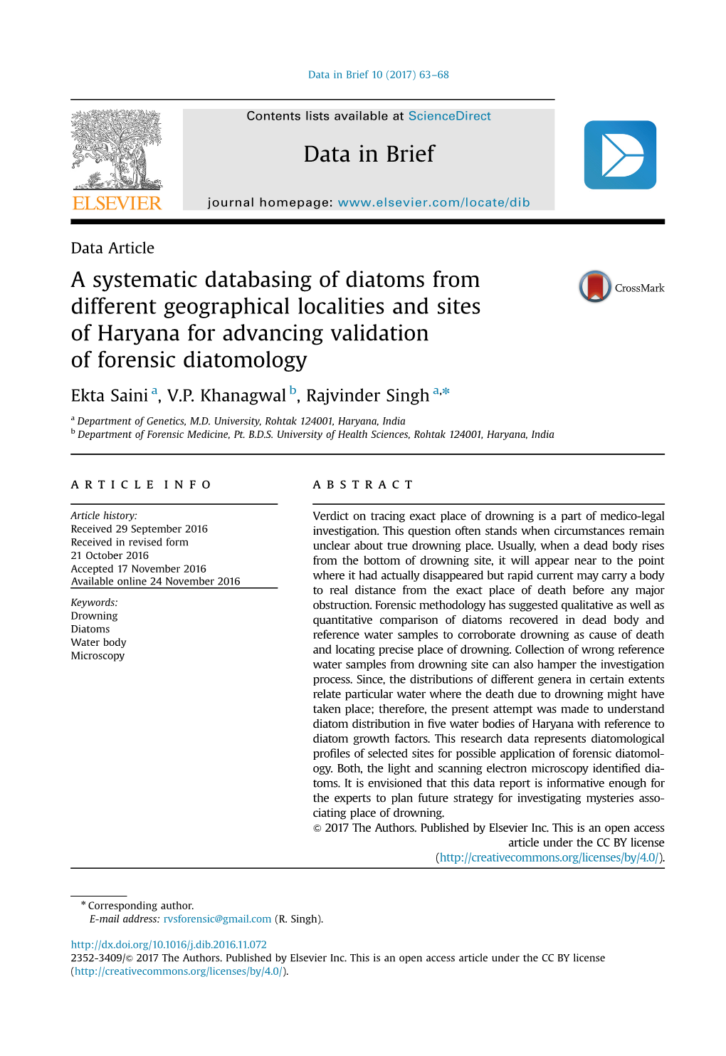 A Systematic Databasing of Diatoms from Different Geographical Localities and Sites of Haryana for Advancing Validation of Forensic Diatomology