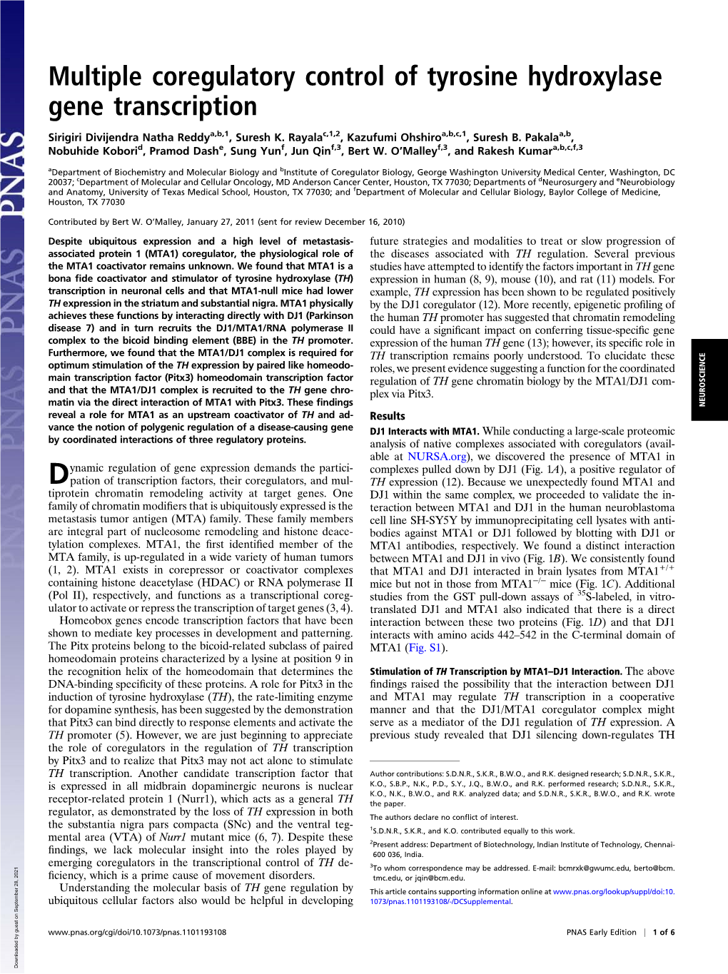 Multiple Coregulatory Control of Tyrosine Hydroxylase Gene Transcription