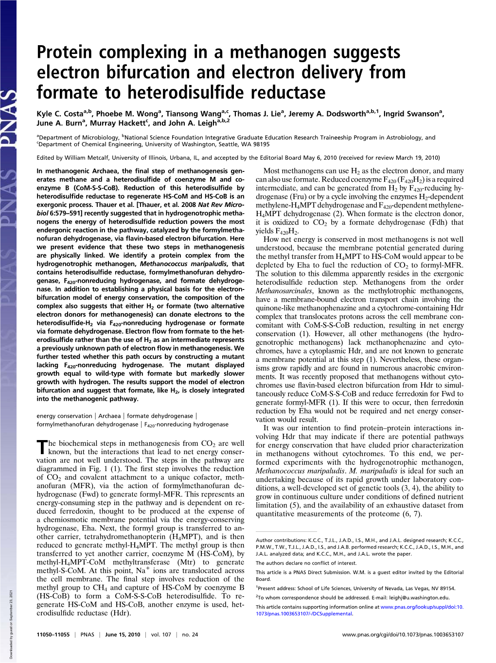 Protein Complexing in a Methanogen Suggests Electron Bifurcation and Electron Delivery from Formate to Heterodisulﬁde Reductase