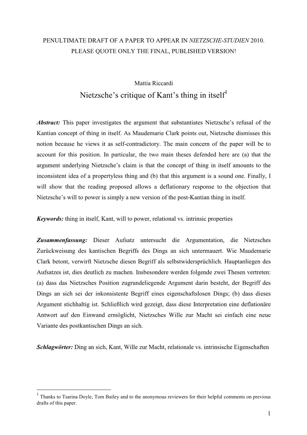 Nietzsche's Critique of Kant's Thing in Itself