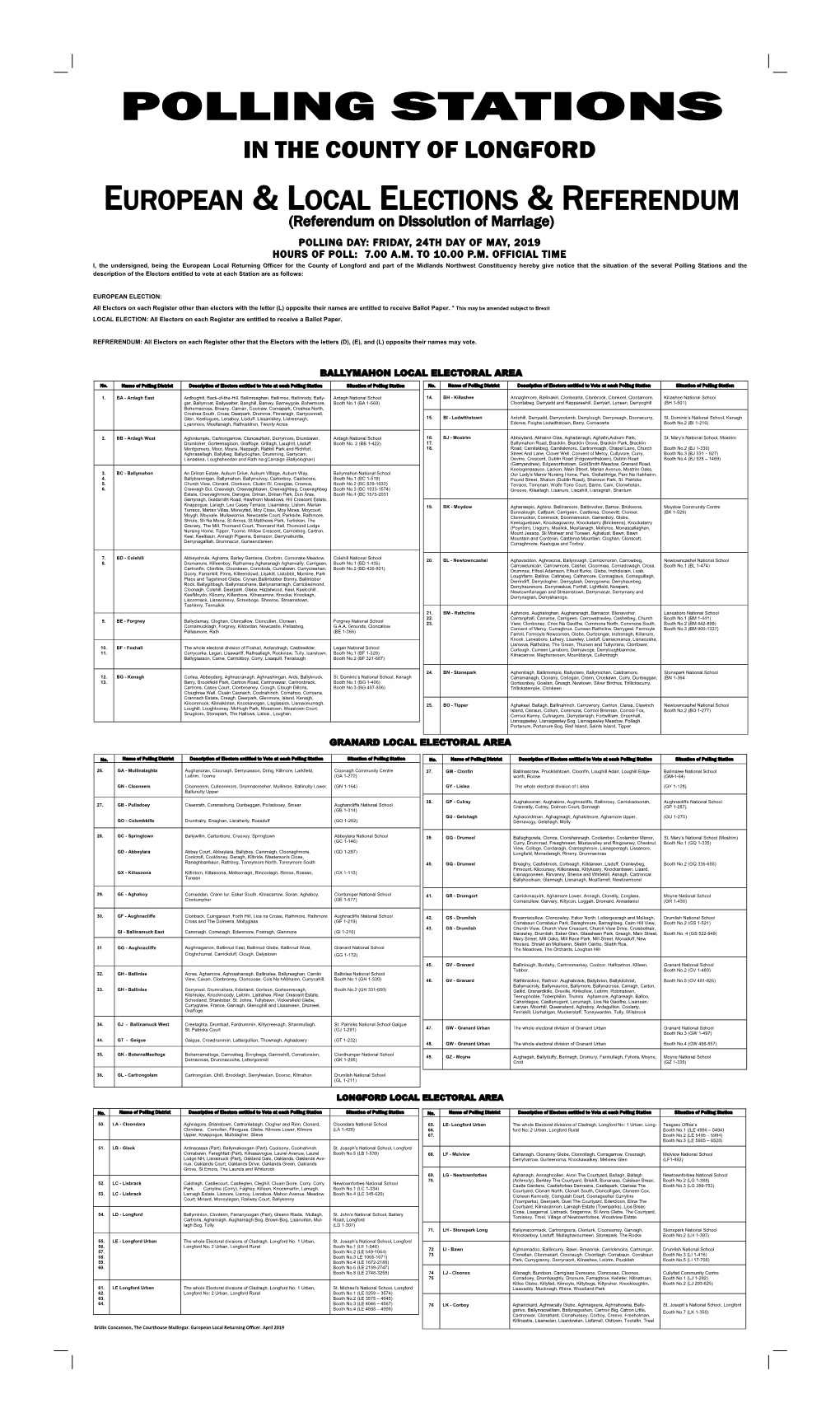 Longford Polling Stations European, Referendum & Local Elections May